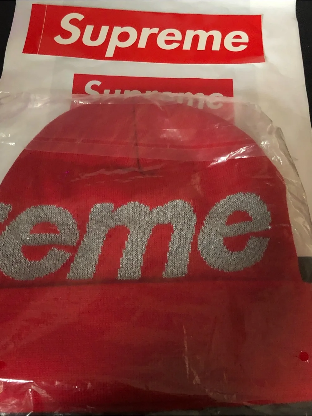 Supreme Red Beanie with Silver Embroidered Logo